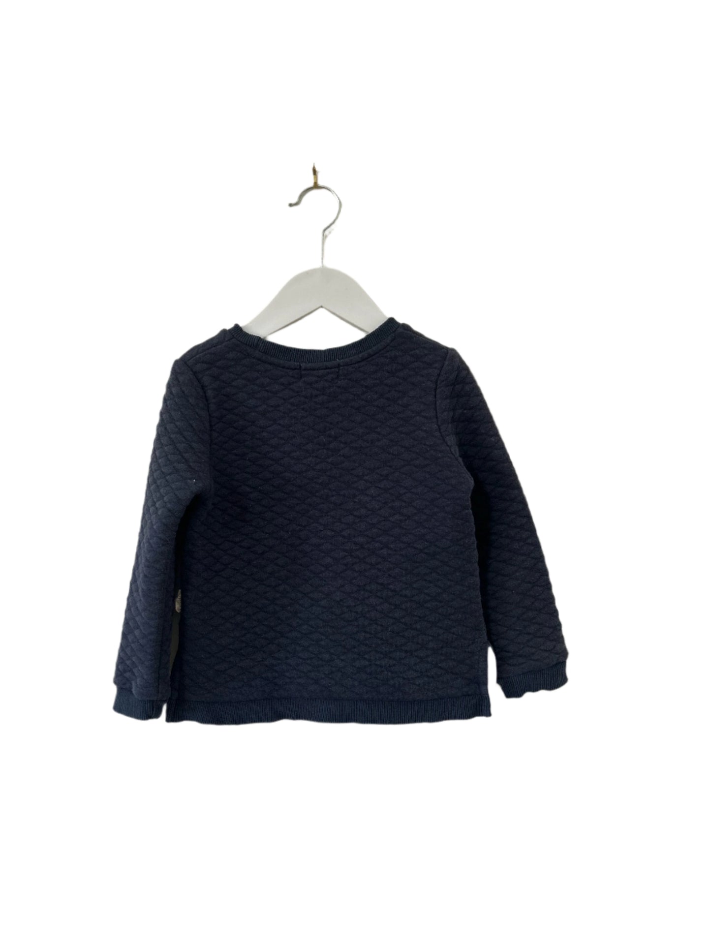 Navy blue textured sweater on a hanger against a plain background