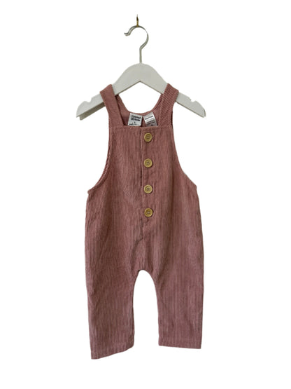 Pink striped overalls with buttons on a hanger against a white background