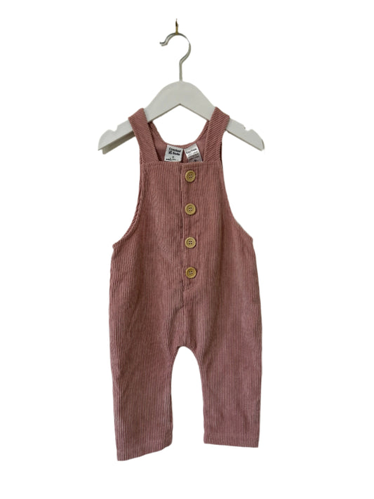 Pink striped overalls with buttons on a hanger against a white background